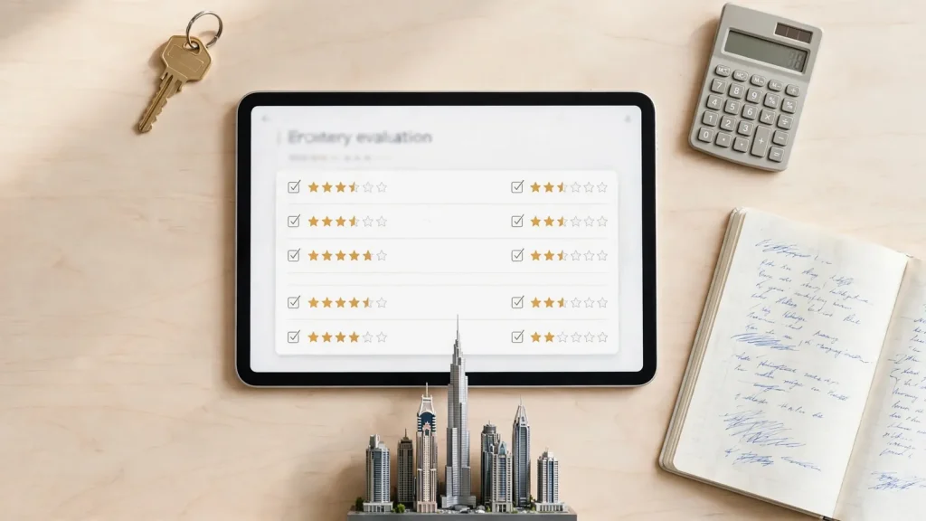 How to Choose the Best Property Management Company in Dubai: The Owner's Evaluation Guide Property management company evaluation scorecard with star ratings on a tablet