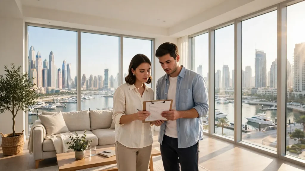 Things to Know Before Renting an Apartment in Dubai: Detailed Guide Couple reviewing a rental checklist inside a bright Dubai Marina apartment