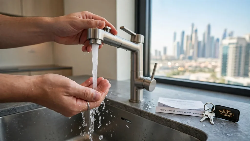 Things to Know Before Renting an Apartment in Dubai: Detailed Guide Testing taps and water pressure during an apartment viewing in Dubai