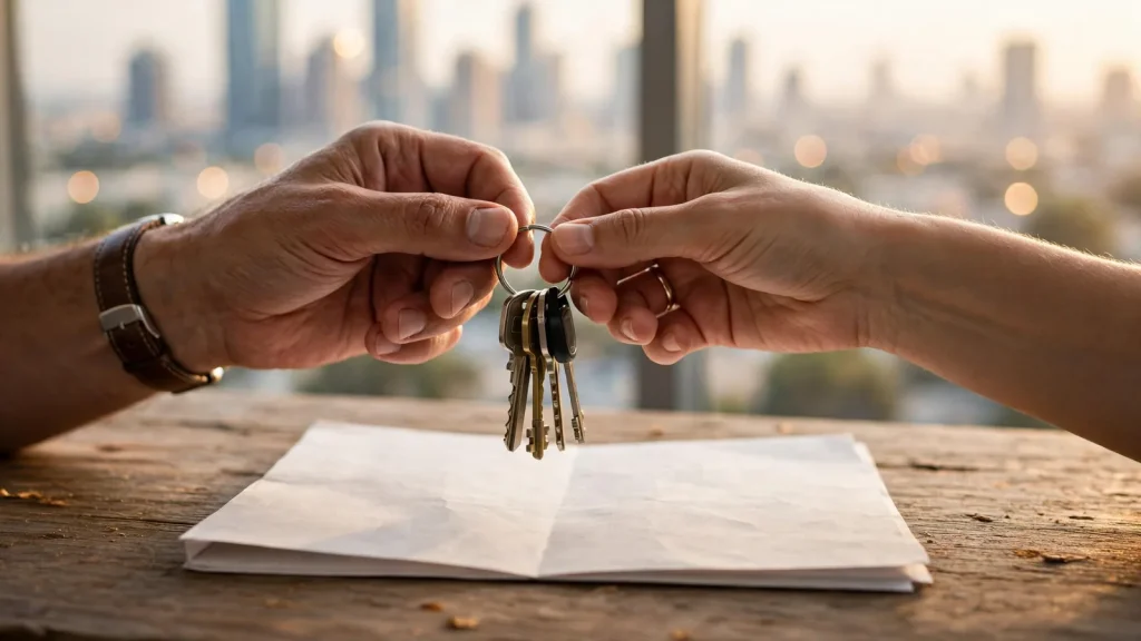 Selling a Holiday Home in Dubai: The Owner's Sell-vs-Hold Playbook Illustration of the property handover process when selling a holiday home in Dubai, from signing Form F to title deed transfer