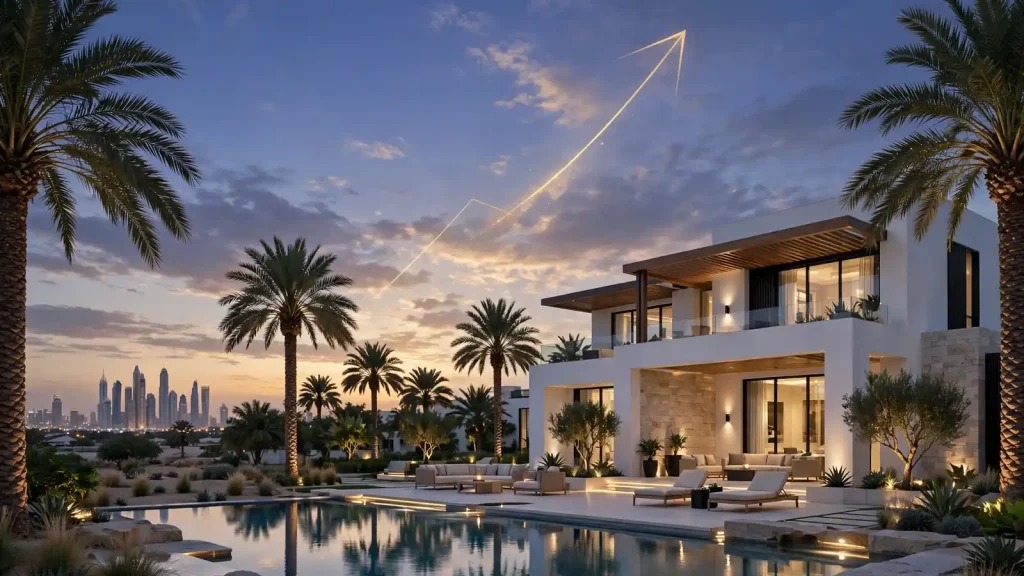 Selling a Holiday Home in Dubai: The Owner's Sell-vs-Hold Playbook Illustration of the exit-to-reinvest pipeline where selling a Dubai holiday home funds the next Golden Visa property