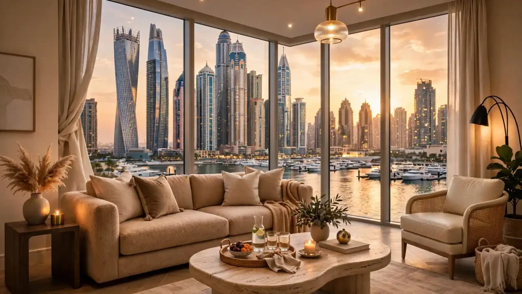 Short-Term Property Management Company in Dubai: The Owner's Guide to Fees, Services and Choosing Right Luxury Dubai Marina holiday home living room prepared for short-term rental guests