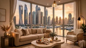 Luxury Dubai Marina holiday home living room prepared for short-term rental guests