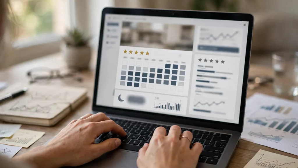 How to Find Short Term Rentals in Dubai: The Investor's Research Manual Close-up of hands analyzing a Dubai short-term rental listing calendar and guest reviews on a laptop