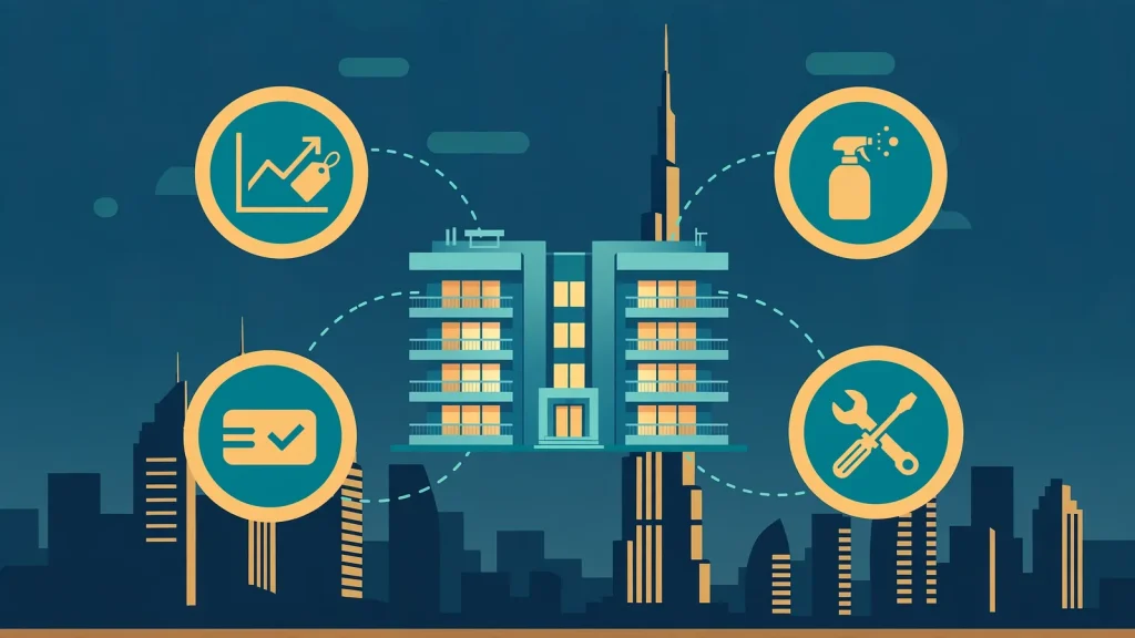 Best Short Term Rental Services in Dubai: What Top-Earning Owners Look For Illustration of short-term rental management services: pricing, cleaning, guest check-in and maintenance