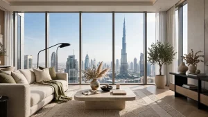 Furnished Dubai apartment living room with Burj Khalifa view, typical of high-earning short-term rentals