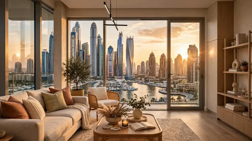 How to Start a Holiday Home Business in Dubai: The Legal Setup Guide Modern furnished Dubai apartment with Marina skyline view at golden hour, ready for holiday home guests