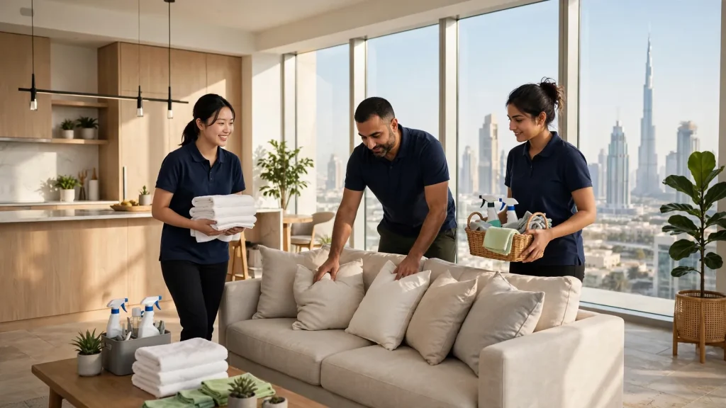 Property Management Companies in Dubai: The Owner's Complete Guide Short-term rental operations team preparing a Dubai apartment between guest stays