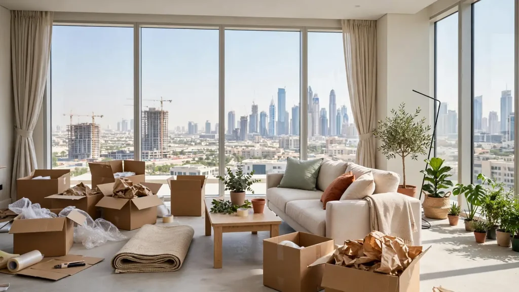 How to Convert a Tenanted Apartment to Airbnb in Dubai: The Owner's Legal-to-Launch Playbook Dubai apartment living room mid-turnover with furniture being arranged