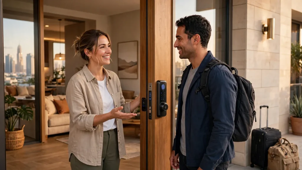 How to Start a Holiday Home Business in Dubai: The Legal Setup Guide Guest being welcomed at the door of a Dubai holiday home apartment at check-in