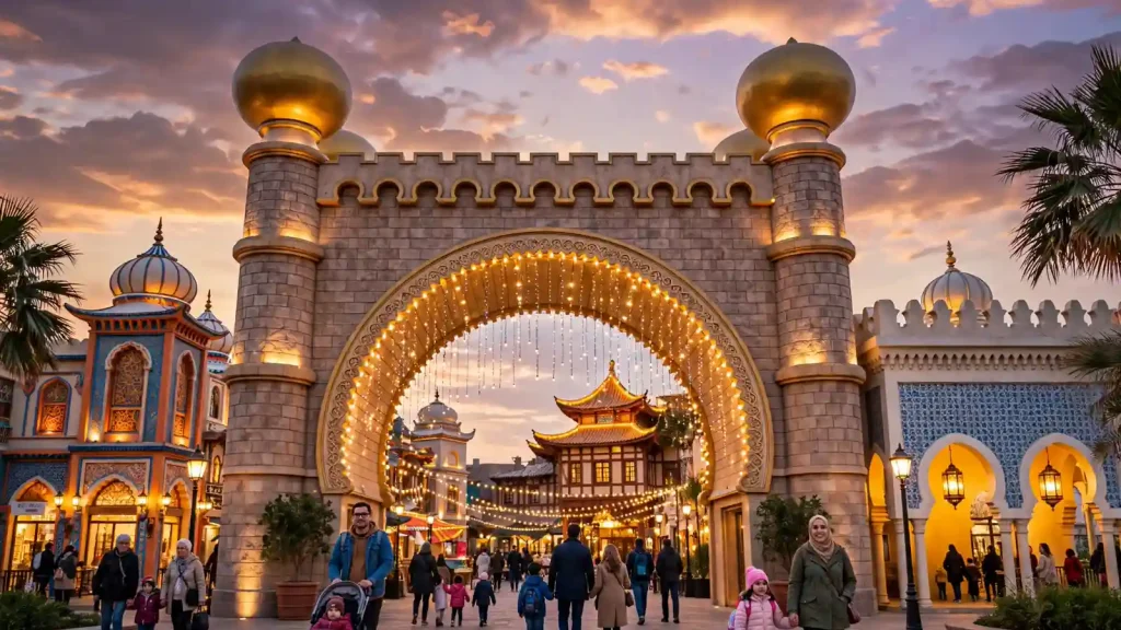 Where to Stay Near Global Village Dubai: Season 31 Holiday Home Guide Global Village Dubai entrance glowing at dusk with families walking toward the illuminated pavilions